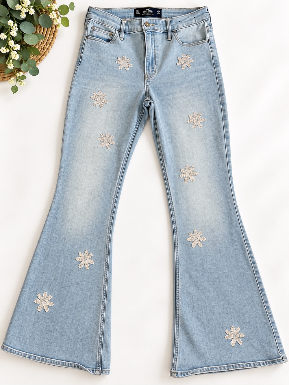 Hollister Light Wash Floral Embroidered Flare Jeans